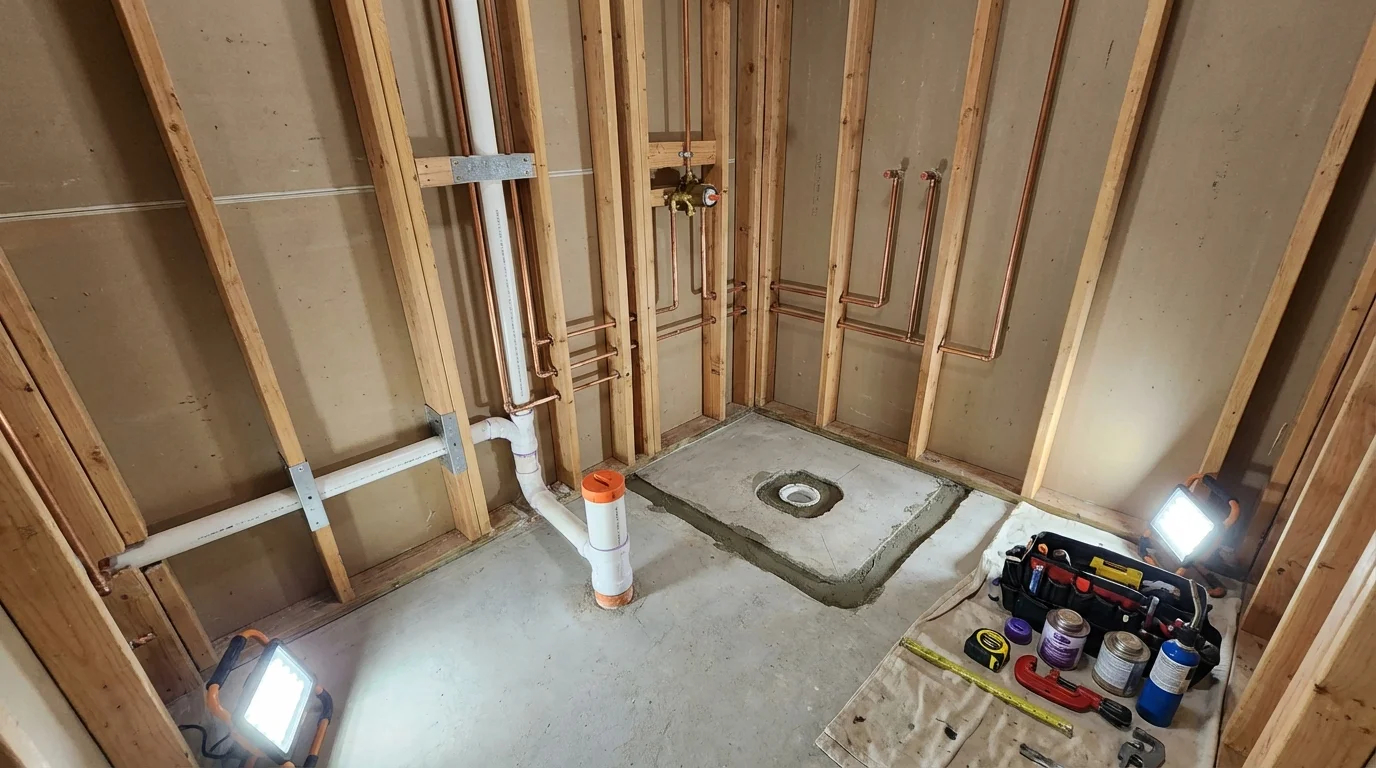 Bathroom rough-in plumbing during remodel by Johns Plumbing LLC in Garner