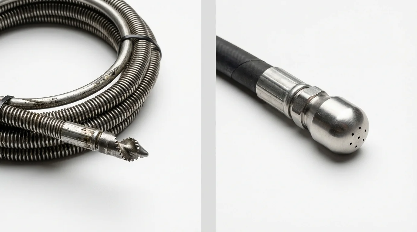 Drain snake cable and hydro jetting nozzle used for drain cleaning in Garner, IA