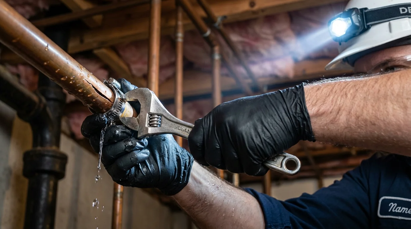 Emergency pipe clamp repair being performed by a Johns Plumbing LLC plumber in Garner