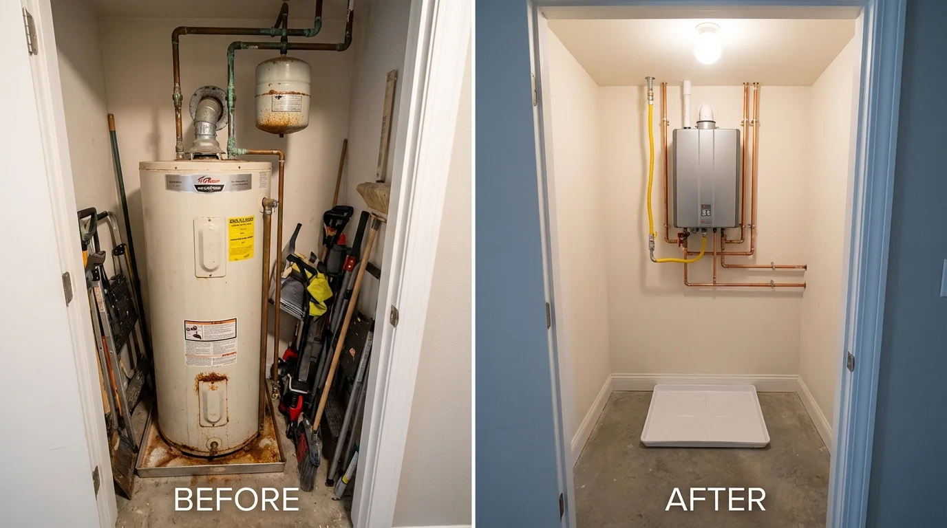 Tank water heater versus wall-mounted tankless unit comparison for Garner, IA homeowners
