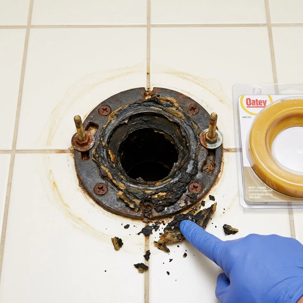 Failed wax ring showing water seepage at the base of a toilet in a Garner, IA home