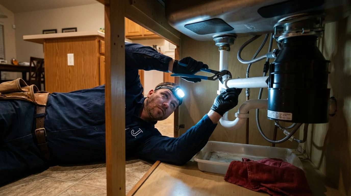 P-trap and supply line connections under a kitchen sink showing a common leak point in Garner, IA